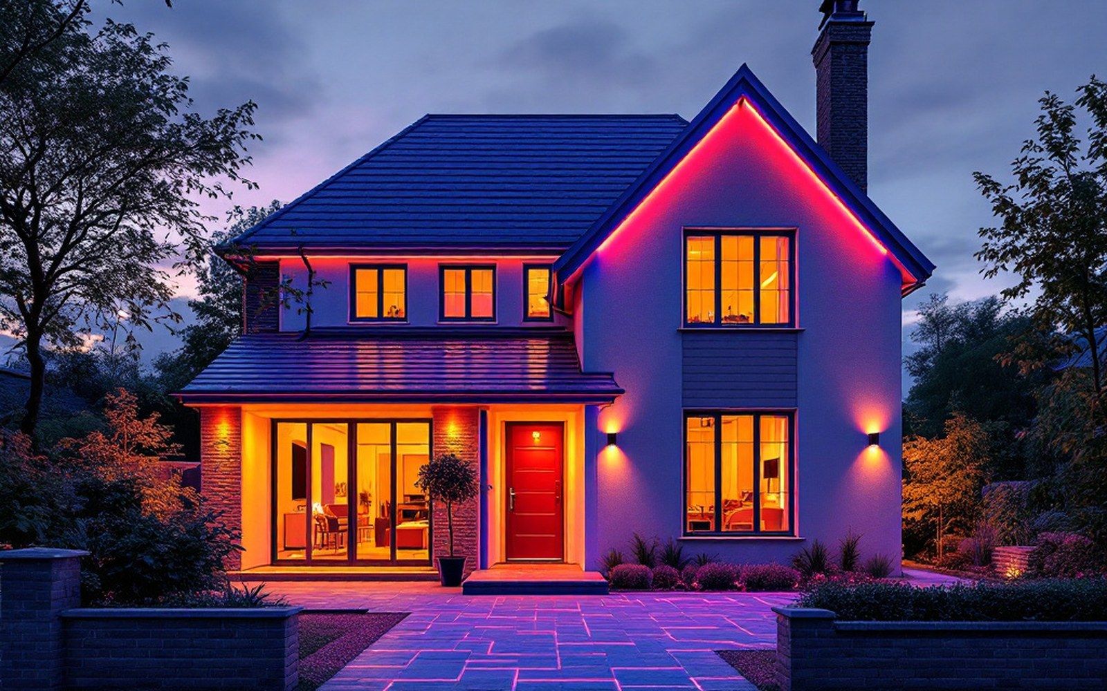 A thermal image of a house exterior at dusk with bridging clearly visible as bright lines
